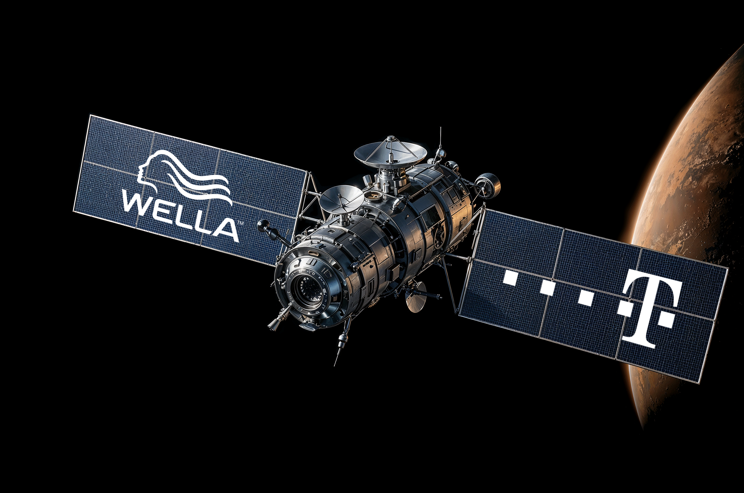 Satellit mit rotierenden Kundenlogos auf den Solar-Panels